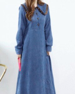 엘프 블루 플리츠 플랫카라 반오픈 루즈핏 코듀로이롱 원피스