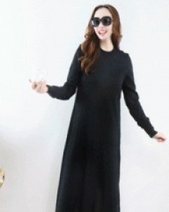 레이디 블랙 돌돌이넥 훼이크 백버튼 배색 롱니트 원피스