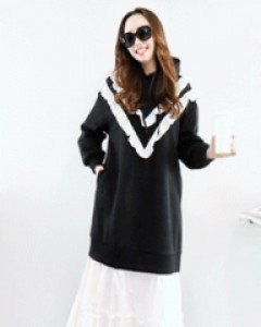 러블리걸 블랙 레이어드 필링 루즈핏 프릴 후드기모 롱 원피스