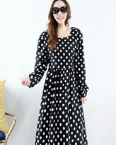 러빙유 블랙 도트 스퀘어넥 진주 백버튼 퍼프 소매루즈핏 프릴 롱 원피스