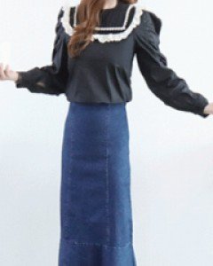 스위트 레이디 블랙 레이스 트리밍 절개 소매 셔링블라우스