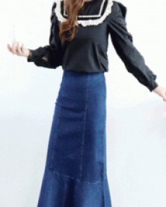 blue time 백지퍼 머메이드 프린지 프릴 데님롱 스커트(S사이즈 주문가능)