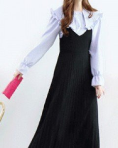 페미닌 블랙 플리츠 롱 슬리브리스 원피스
