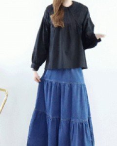 후레쉬 A라인 티어드 데님 롱 밴딩 스커트