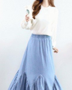 감성 레이디 라이트블루 웨이브 셔링 A라인 밴딩 데님롱 스커트
