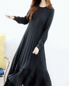 세련된 블랙 루즈핏 웨이브 언밸런스 플리츠롱 원피스