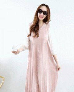 지젤 핑크 플리츠 V넥 6부 소매 언밸런스 롱 원피스