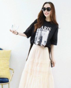 프로방스 크림 레이스 티어드 2겹 망사 밴딩롱 스커트