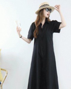 쉬즈 블랙 카라넥 소매 맞주름 오픈형 루즈핏A라인 원피스