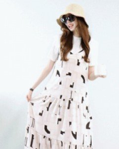 럭셔리 아이보리 기하학 무늬 셔링 티어드슬리브리스 롱 원피스