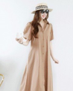 쉬즈 베이지 카라넥 소매 맞주름 오픈형 루즈핏A라인 원피스