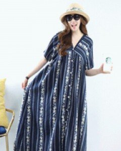 엔젤 네이비 에스닉 양면 V넥 오픈형 박시한롱 원피스