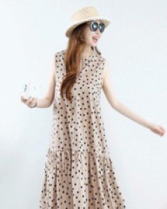 프로방스 베이지 도트 셔링 롱 슬리브리스 롱 원피스