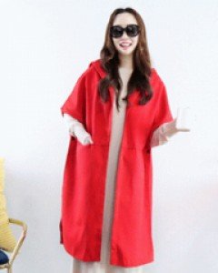 시크 파리 레드 루즈핏 후드 망토 울 롱 코트