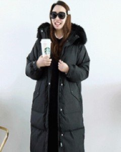 럭셔리 홀릭 블랙 퍼 후드 루즈핏 오리털롱 패딩 점퍼