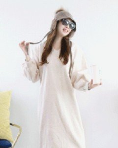 스위트 오트밀 양면 V넥 루즈핏 양옆 트임 기모롱 원피스