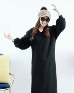 스위트 블랙 양면 V넥 루즈핏 양옆 트임 기모롱 원피스