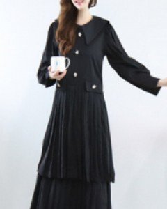 지젤 홀릭 블랙 빅 카라 진주 플라워 버튼티어드 플리츠 롱 원피스