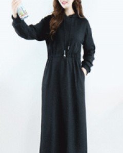 걸리쉬 소녀 블랙 루즈핏 허리 스트링 뒷트임후드 롱 원피스