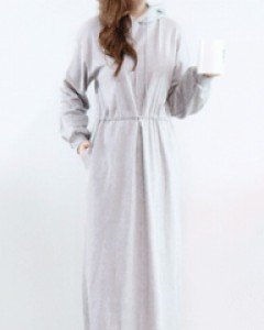 걸리쉬 소녀 그레이 루즈핏 허리 스트링 뒷트임후드 롱 원피스