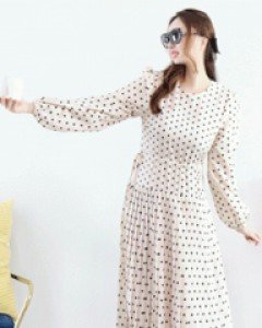 사랑스런 레이디 도트 베이지 퍼프소매 옆리본플리츠 롱 원피스