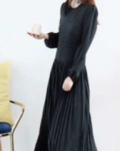 감성 레이디 블랙 퍼프소매 옆리본 플리츠롱 원피스