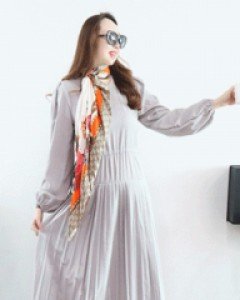 감성 레이디 그레이 퍼프소매 옆리본 플리츠롱 원피스