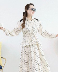 감성홀릭 아이보리 도트 허리 리본 프릴 반오픈카라넥 롱 원피스