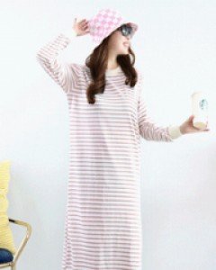 달콤 핑크 스트라이프 루즈핏 옆트임 롱 원피스