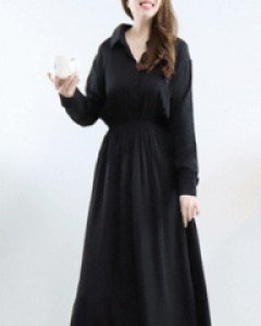 페미닌 블랙 하이웨이스트 잘록한 허리양면V넥 카라 반오픈 롱 원피스