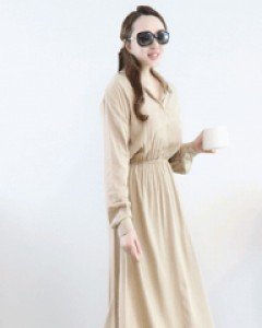 페미닌 베이지 하이웨이스트 잘록한 허리양면V넥 카라 반오픈 롱 원피스