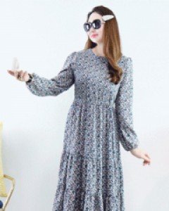 블로썸 네이비 플라워 허리 리본 퍼프 소매티어드 롱 원피스