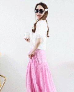 러블리 그녀 핑크 펀칭 A라인 프릴 티어드밴딩 롱 스커트