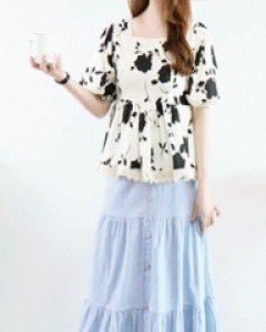 플라워 가든 아이보리 하이웨이스트 셔링레이스 트리밍 블라우스