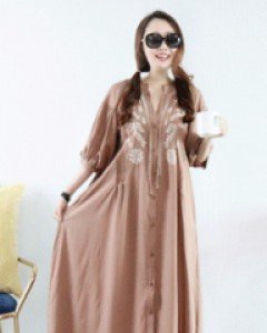 에스닉 레이디 브라운  루즈핏 V넥 트임 5부 벌룬소매오픈형 롱원피스