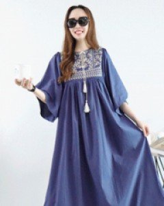 레이디 에스닉 블루 날개소매 V트임넥 태슬리본루즈핏 롱 린넨 원피스