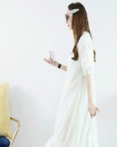 러브 포에버 크림 티어드 소매 루즈핏 셔링 롱린넨 원피스