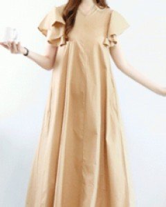 세련된 베이지 프릴 소매 V넥 루즈핏 A라인 롱 원피스