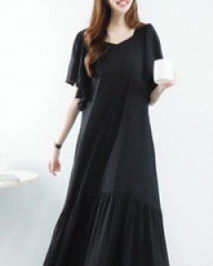 고저스 블랙 프릴 소매 셔링 루즈핏 롱 원피스