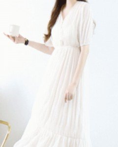 여신 아이보리 레이스 V넥 하이웨이스트 밴딩플리츠 롱 원피스