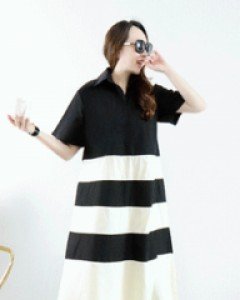 시크 블랙 스트라이프 배색 반오픈 카라 루즈핏롱 원피스