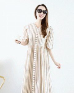 프로방스 베이지 스트라이프 랩소매 셔링 하이웨이스트루즈핏 오픈형 롱 원피스