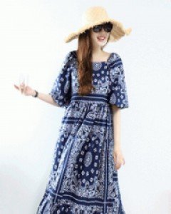 걸리쉬 네이비 페이즐리 에스닉 양면 스퀘어넥셔링 하이웨이스트 프릴 롱 원피스