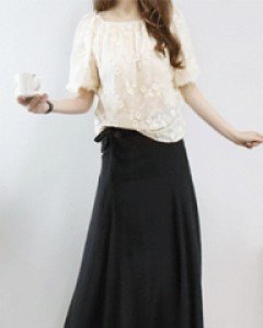 걸스 위드 블랙 언밸런스 허리 리본 프릴 밴딩롱 스커트