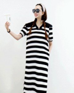 걸스 마린 블랙 스트라이프 세일러 카라 퍼프 소매롱 원피스