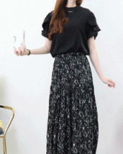 샤랄라 블랙 플라워 티어드 밴딩 롱 스커트