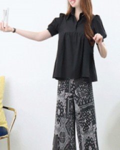 감성 블랙 카라 넥 반오픈 퍼프 소매 둥근 절개셔링 블라우스