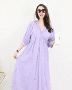 고저스 벌룬 5부 소매 루즈핏 롱 랩 원피스(라일락,화이트)