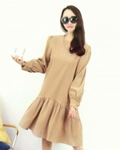 헤이걸 베이지 코듀로이 루즈핏 퍼프 소매웨이브 셔링 미니 원피스