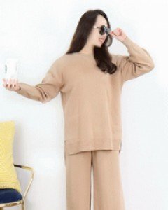 레이디 타임 베이지 루즈핏 언밸런트 니트 +루즈핏 통 일자 밴딩 니트 팬츠 투피스 세트